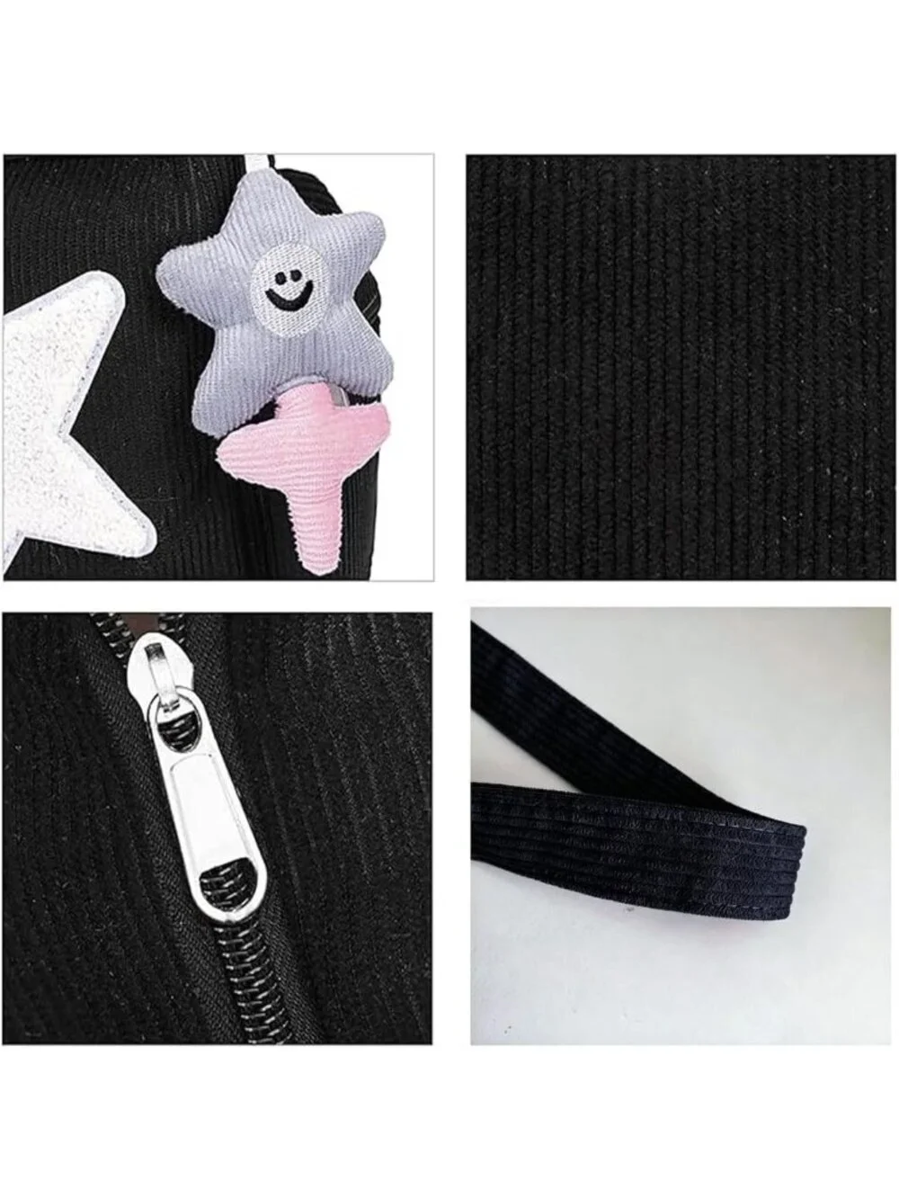 Women's Black Zipper Kawaii Corduroy Star Tote Crossbody Shoulder Bag